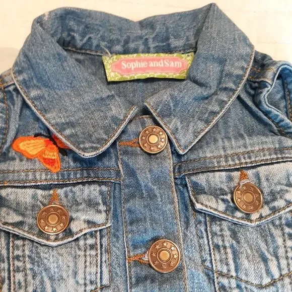 Sophia & Sam Denim Vest Size 18 mth Embroidered Butterflies Buttons Up - Picture 3 of 7